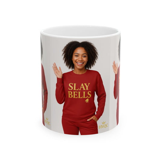 Festive Ceramic Mug, Slay Bells Coffee Cup, Holiday Gift, Christmas Mug, Cozy Beverage Container, Fun Winter Drinkware